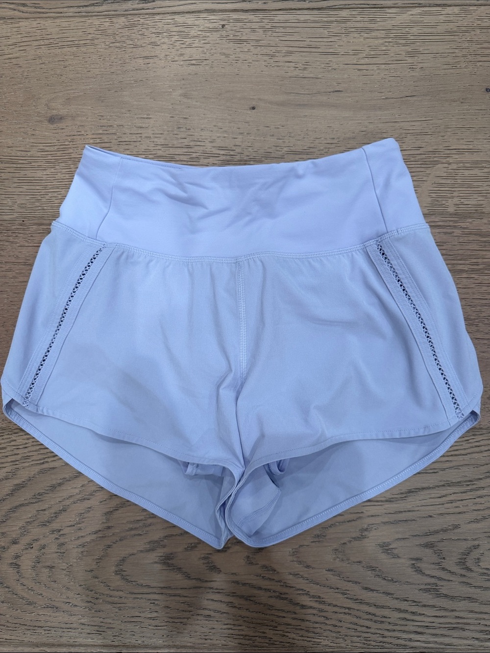 Lululemon Women’s High-Waist Light Lavender Active Shorts w/crochet trim